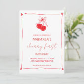 Red Hand Drawn Cherry First 1st Birthday Einladung (Stehend Vorderseite)