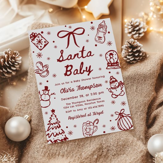 Red Hand Drawn Christmas Santa Baby Shower Einladung