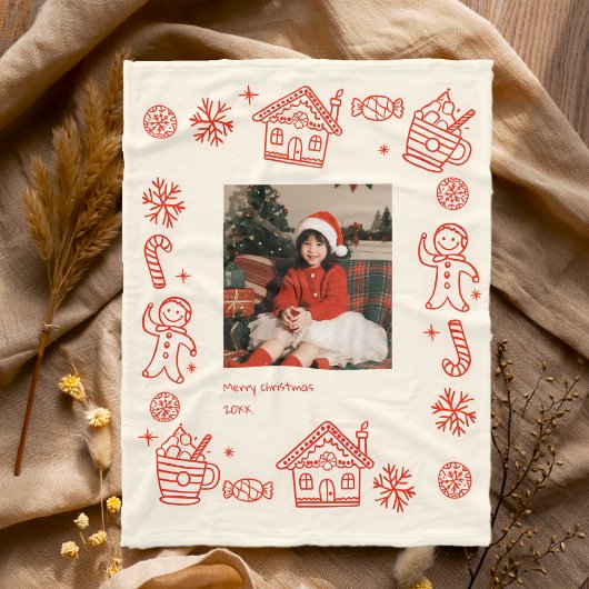 Red Hand Drawn Doodle Whimsical Foto Weihnachten Fleecedecke