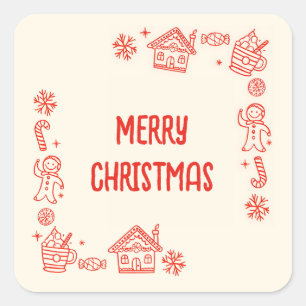Red Hand Drawn Doodle Whimsical Frohe Weihnachten Quadratischer Aufkleber