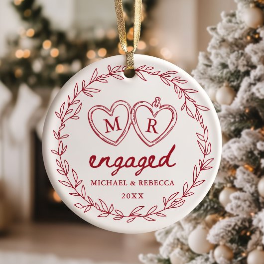 Red Hand Drawn Engaged Christmas Keramik Ornament
