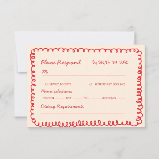  red hand drawn heart whimsical wedding RSVP karte (Vorderseite)