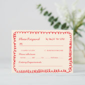  red hand drawn heart whimsical wedding RSVP karte (Stehend Vorderseite)