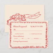  red hand drawn heart whimsical wedding RSVP karte (Vorne/Hinten)