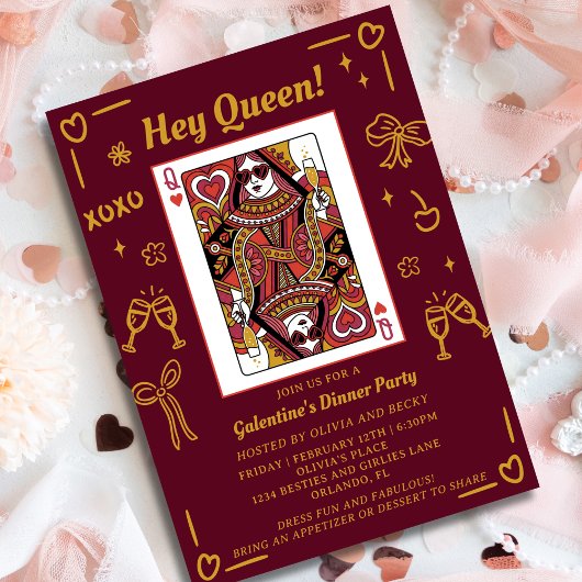 Red Hand Drawn Queen Of Hearts Galentine's Party Einladung