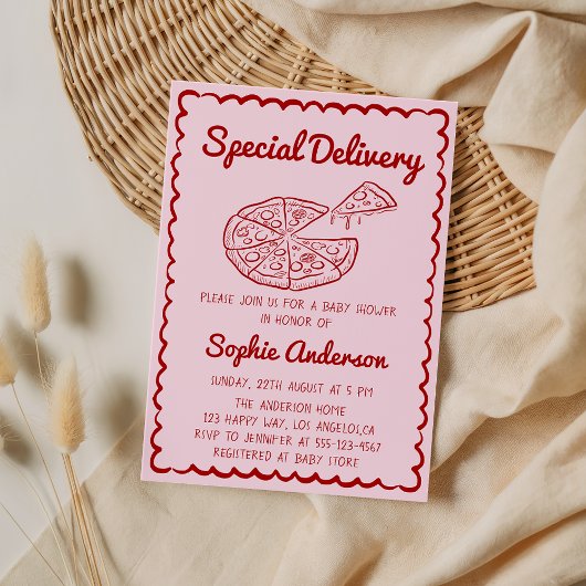 Red Hand Drawn Special Delivery Pizza Baby Shower Einladung