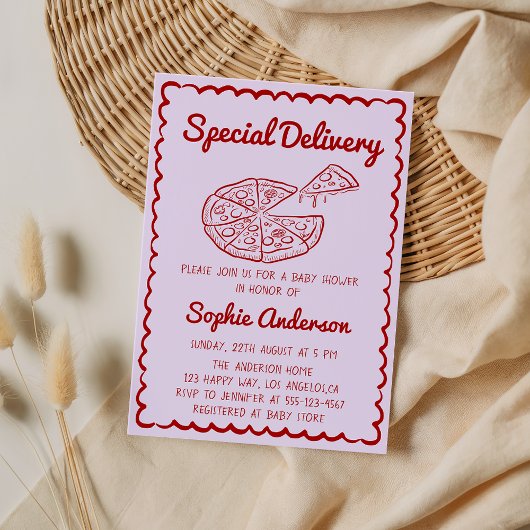 Red Hand Drawn Special Delivery Pizza Baby Shower Einladung