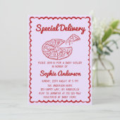 Red Hand Drawn Special Delivery Pizza Baby Shower Einladung (Stehend Vorderseite)
