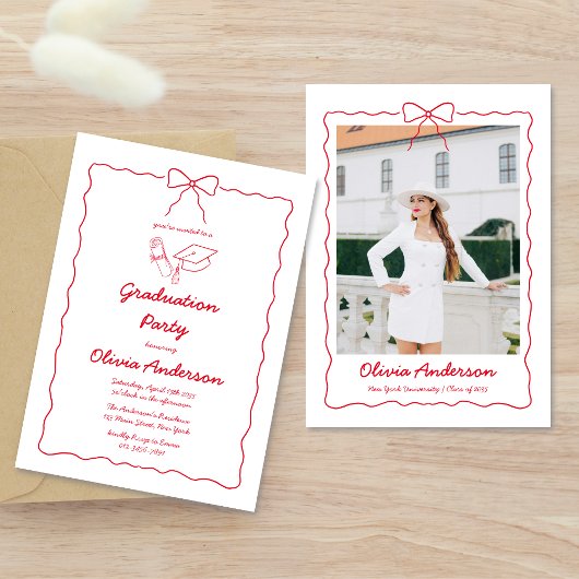 Red Hand Gezeichnet Bow Squiggle Foto Graduation P Einladung