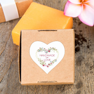 Red Handmade with Love Quote Floral Heart Herz-Aufkleber