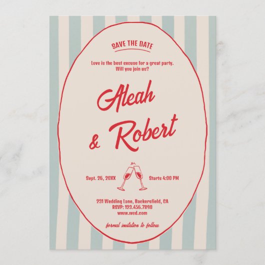 Red Handwriting Blue Stripes Retro Save the Date Einladung (Vorderseite)