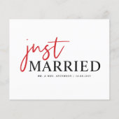Red Handwriting Just Married Announcement (Vorderseite)