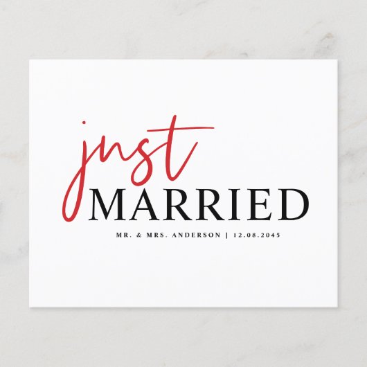 Red Handwriting Just Married Announcement (Vorderseite)