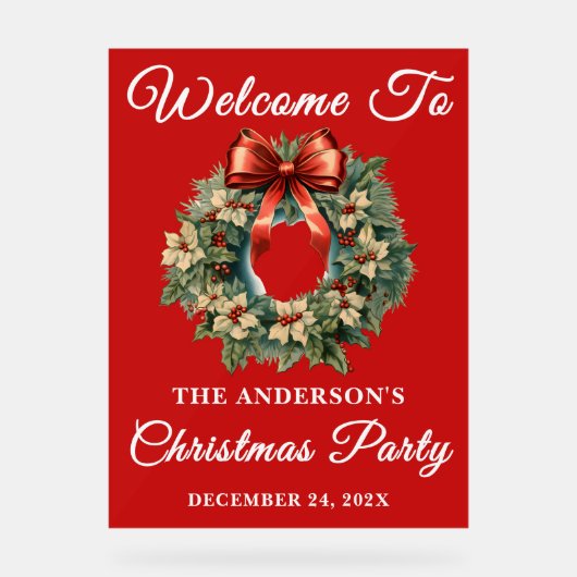 Red Handwriting Script Weihnachts-Party Willkommen Acrylschild (Vorderseite)