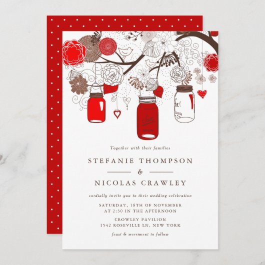 Red Hanging Mason Jars Wedding Einladung (Vorne/Hinten)