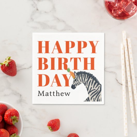 Red Happy Birthday Party Tier Zebra mit Namen Serviette (Beispiel)