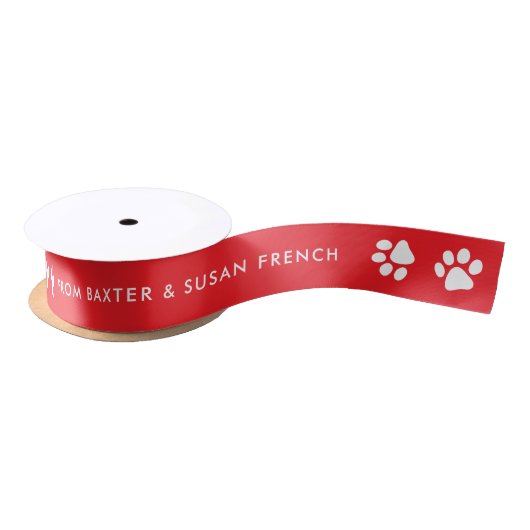Red Happy Pawlidays Name and Paw Print Gift Satinband (Spule)