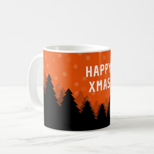 Red Happy Xmas Tasse mit Wald, Bäumen und Schnee (Vorderseite Links)