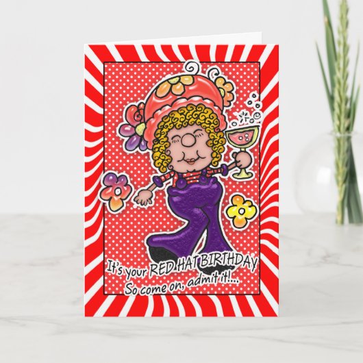 Red Hat Birthday Card - Spaß Lady mit einem Glas W Karte (Vorderseite)