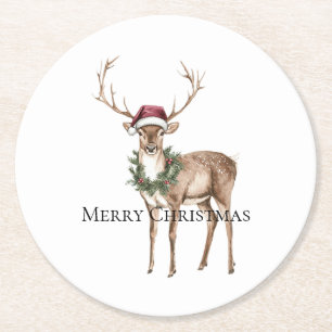 Red Hat Reindeer Christmas Runder Pappuntersetzer