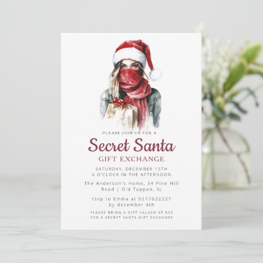 Red Hat und Scarf Secret Weihnachts-Party Einladung (Stehend Vorderseite)
