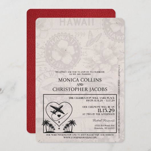 Red Hawaii Passport Hochzeitseinladung Einladung (Vorne/Hinten)