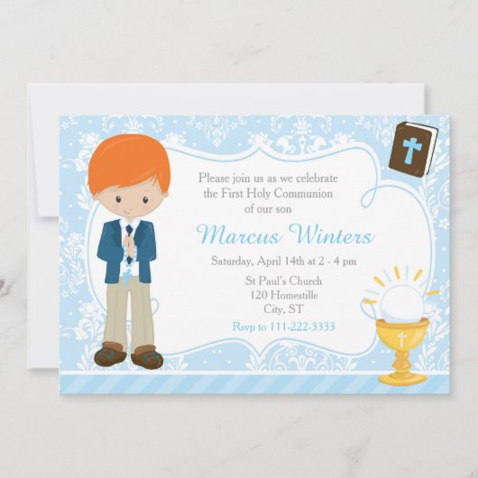 Red Head Boy First Communy Damask Einladung (Vorderseite)