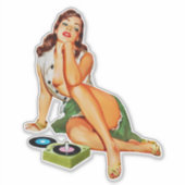 Red Head Button-up Girl Playing Old Platten Aufkleber (Vorderseite)