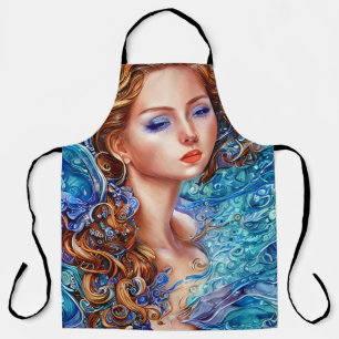 Red Head Goddess Blue Ocean Waves Fantasy Art Schürze