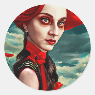 Red Head Poppy Blume Lady Fantasy Art Runder Aufkleber