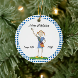 Red Headed Cadette Girl Scouting Blue Polka Dots Keramikornament