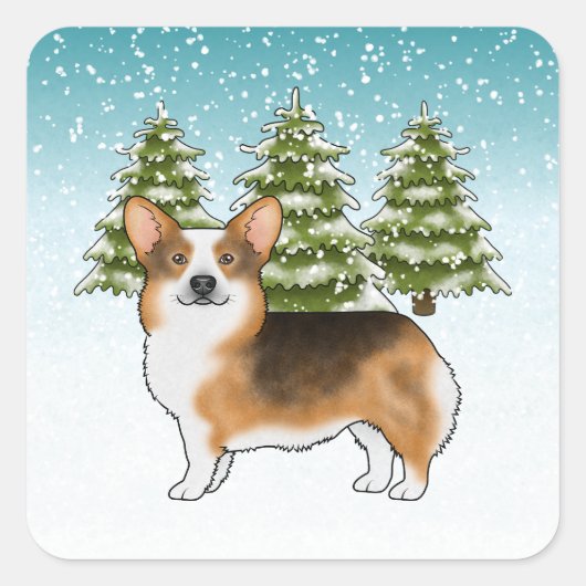 Red Headed Tri Pembroke Corgi Winter Weihnachten Quadratischer Aufkleber (Vorderseite)