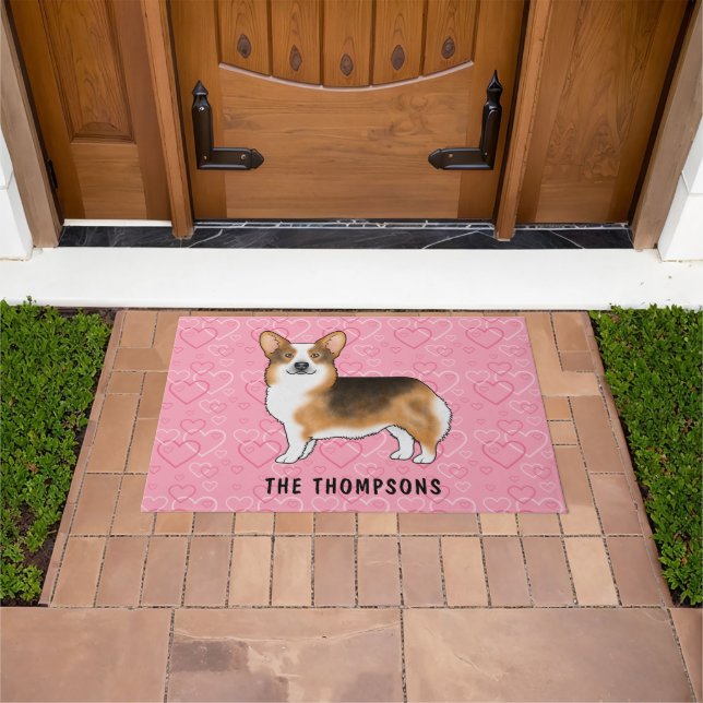 Red Headed Tri Pembroke Welsh Corgi Herz & Name Fußmatte (Außenbereich)