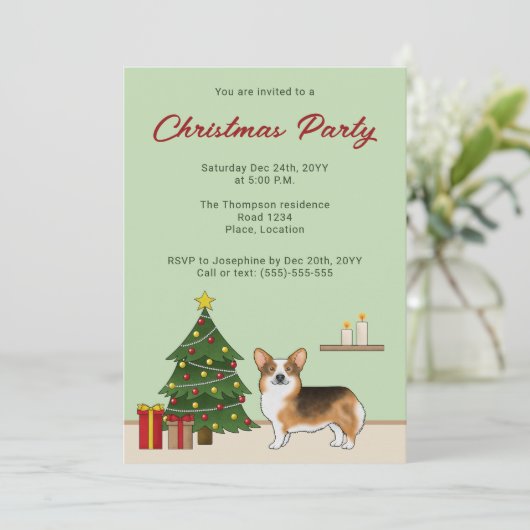 Red Headed Tri Pembroke Welsh Corgi Weihnachtsbaum Einladung (Stehend Vorderseite)