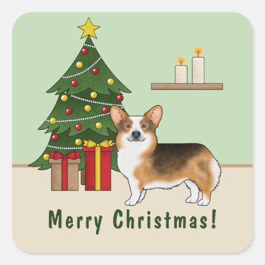 Red Headed Tri Pembroke Welsh Corgi Weihnachtsbaum Quadratischer Aufkleber (Vorderseite)