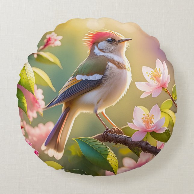 Red Header Buff Chested Warbler Fantasy Bird Rundes Kissen (Vorderseite)