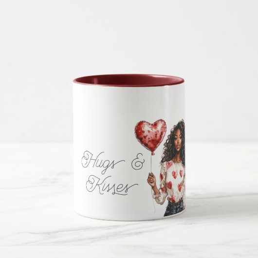 Red Heart Balloon Black Girl Valentine Hugs Kisses Tasse (Zentrum)