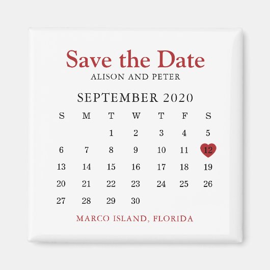 Red Heart Calendar Wedding Save the Date Magnet (Vorne)