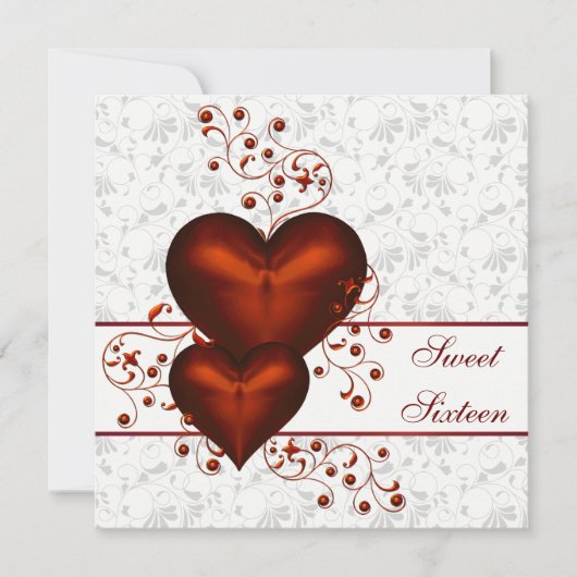 Red Heart Damask White 16 . Geburtstag Einladung (Vorderseite)