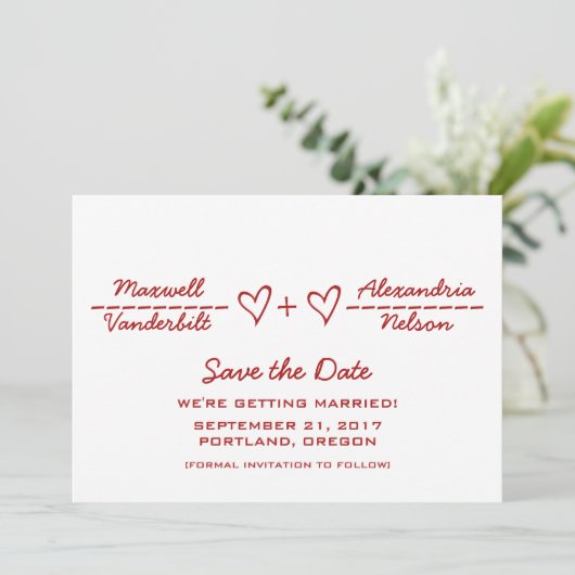 Red Heart Equite Save the Date einladen Einladung (Stehend Vorderseite)