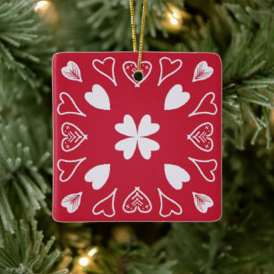 Red Heart Folk Art Muster Weihnachtsbaum Keramikornament
