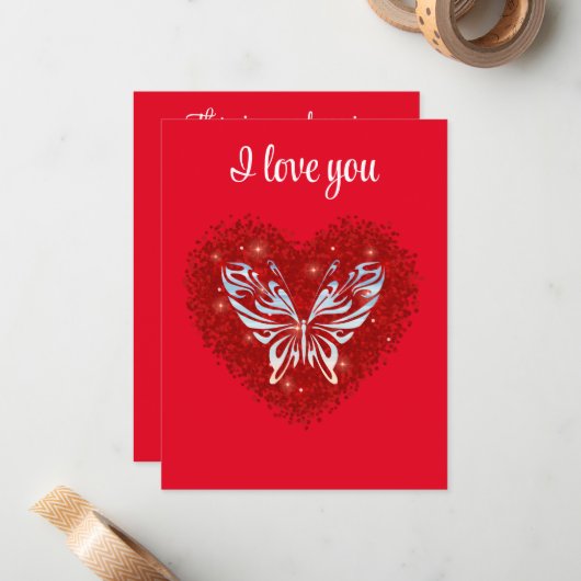 Red heart glitter butterfly mitteilungskarte (Vorderseite/Rückseite Beispiel)