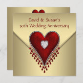 Red Heart Gold 50th Wedding Anniversary Party Einladung (Vorne/Hinten)
