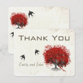 Red Heart Leaf Tree Wedding Dankeskarte (Vorne/Hinten)