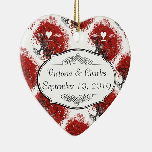 Red Heart Leaf Tree Wedding Keramikornament (Rechts)