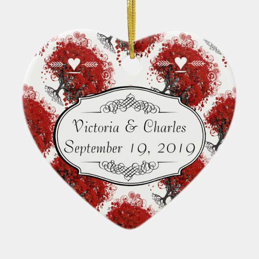 Red Heart Leaf Tree Wedding Keramikornament (Vorne)