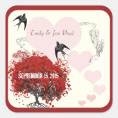 Red Heart Leaf Tree Wedding Quadratischer Aufkleber (Vorderseite)