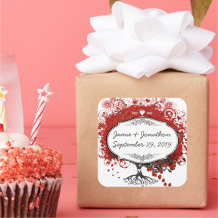 Red Heart Leaf Tree Wedding Quadratischer Aufkleber
