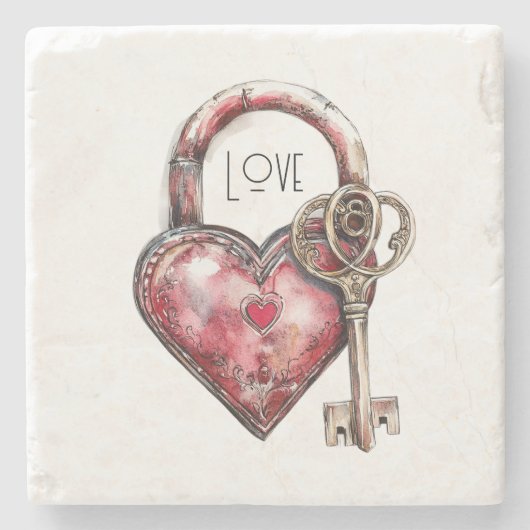 Red Heart Lock & Key Liebe Steinuntersetzer (Vorderseite)
