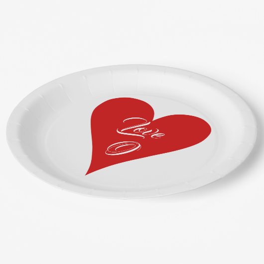 Red Heart Love Valentine's Day Name & Monogram Pappteller (Schrägansicht)